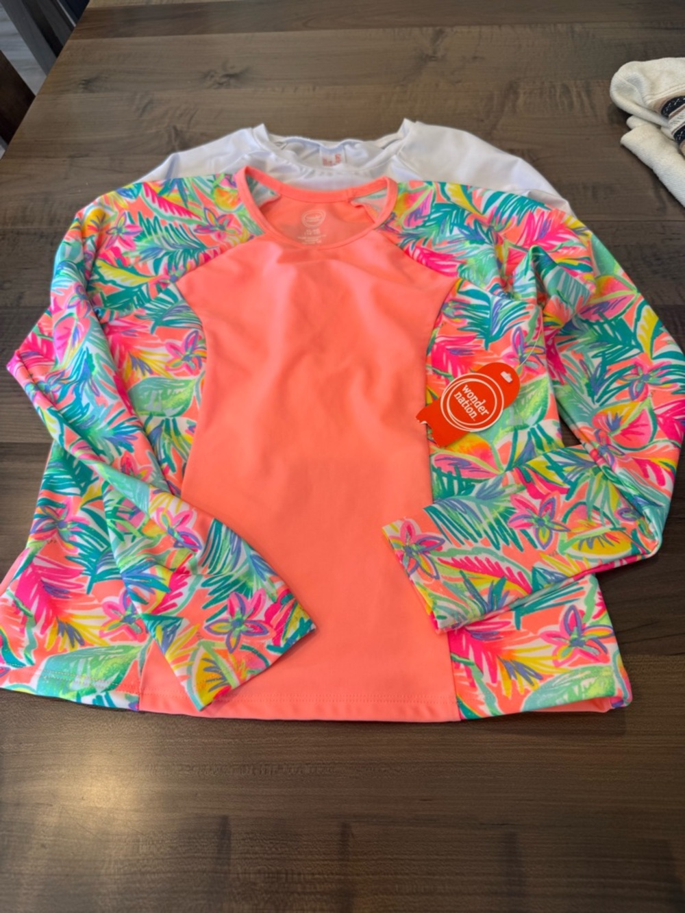 Set of 2 Rash guards. Cropped white and coral rash guard printed sleeves